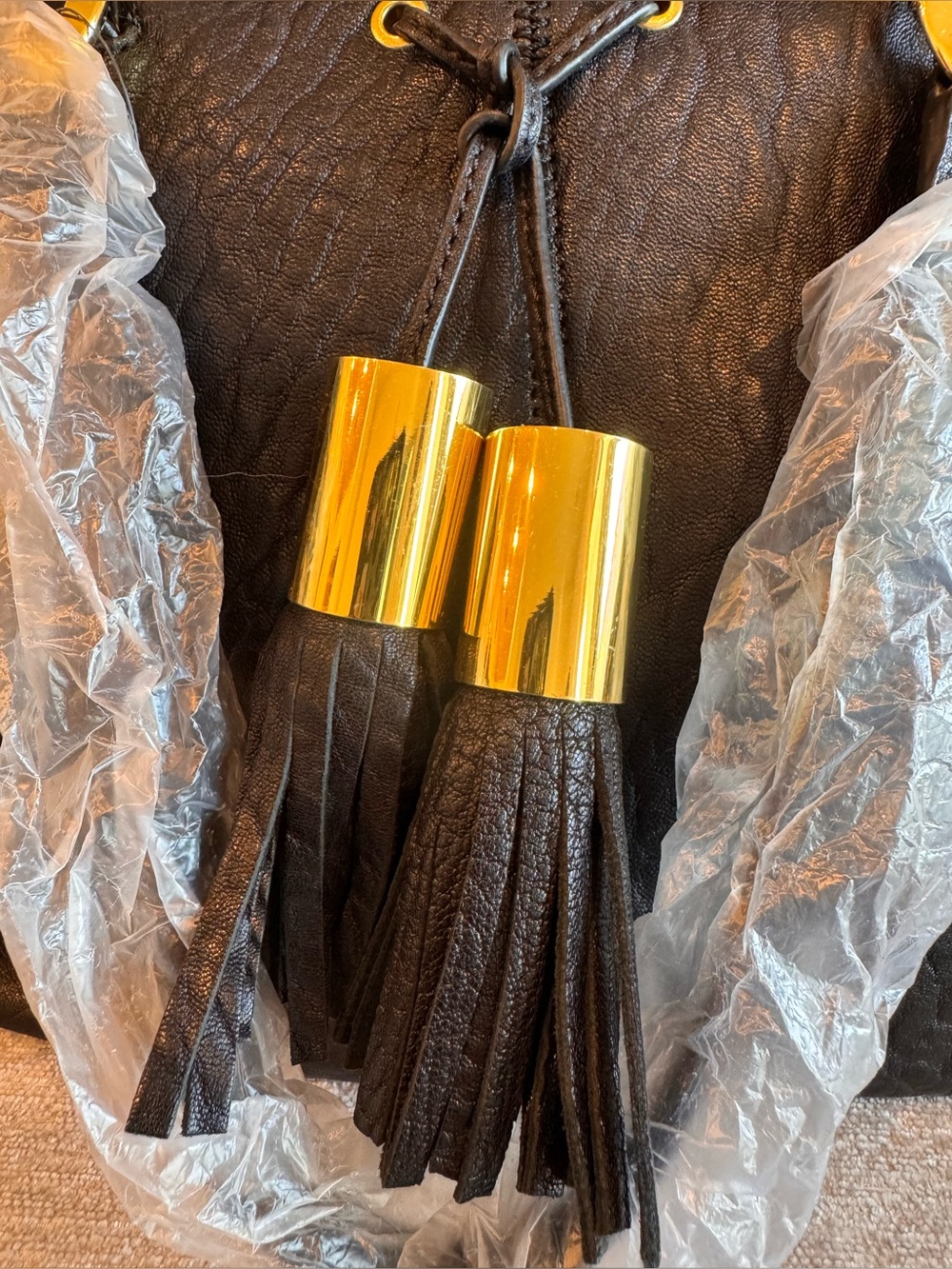 orYANY Kristen Black Lambskin Leather Tassel Satchel Bag - Gold Hardware NWT - Picture 5 of 7